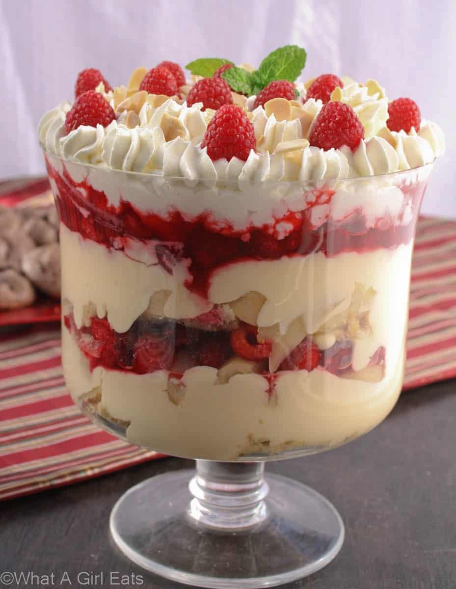 A festive trifle dessert in a glass bowl featuring custard, sponge cake, berries, and whipped cream—perfect for your Christmas Dinner menu. It's topped with raspberry sauce, almonds, fresh raspberries, and a mint leaf for a stunning holiday finish.