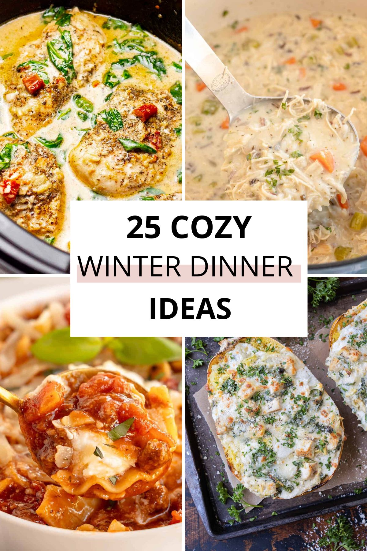 A collage of four winter dinner dishes surrounds a text box that reads "25 Cozy Winter Dinner Ideas," highlighting delicious and comforting recipes perfect for cold nights.