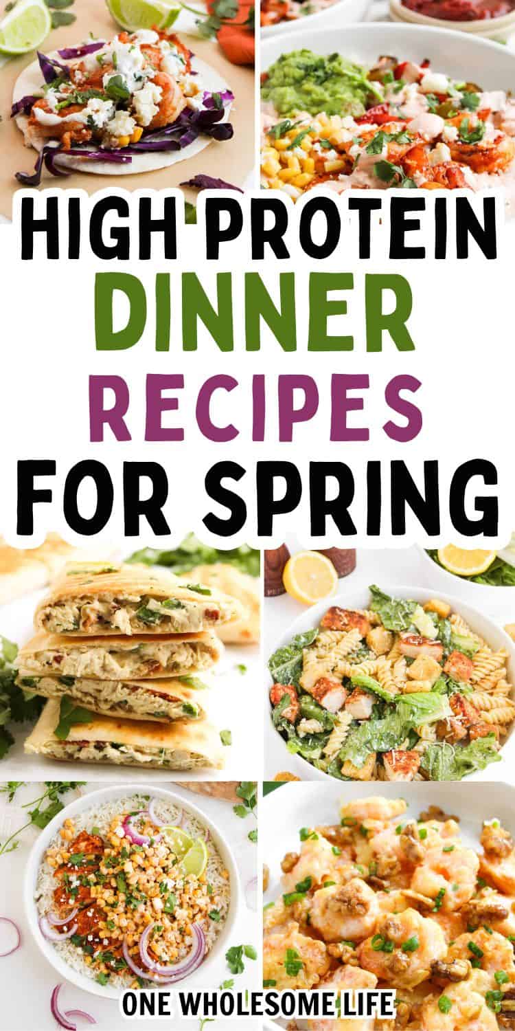 A collage of six high-protein spring dinner ideas, with text reading "High Protein Dinner Recipes for Spring" and "One Wholesome Life.