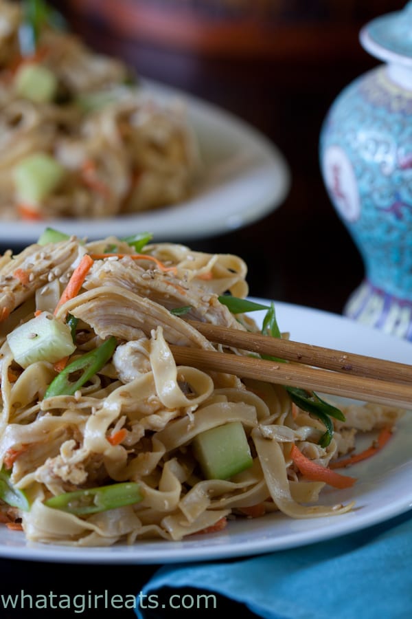 A plate of stir-fried noodles with vegetables and cold chicken, being picked up with chopsticks—perfect for refreshing summer recipes.
