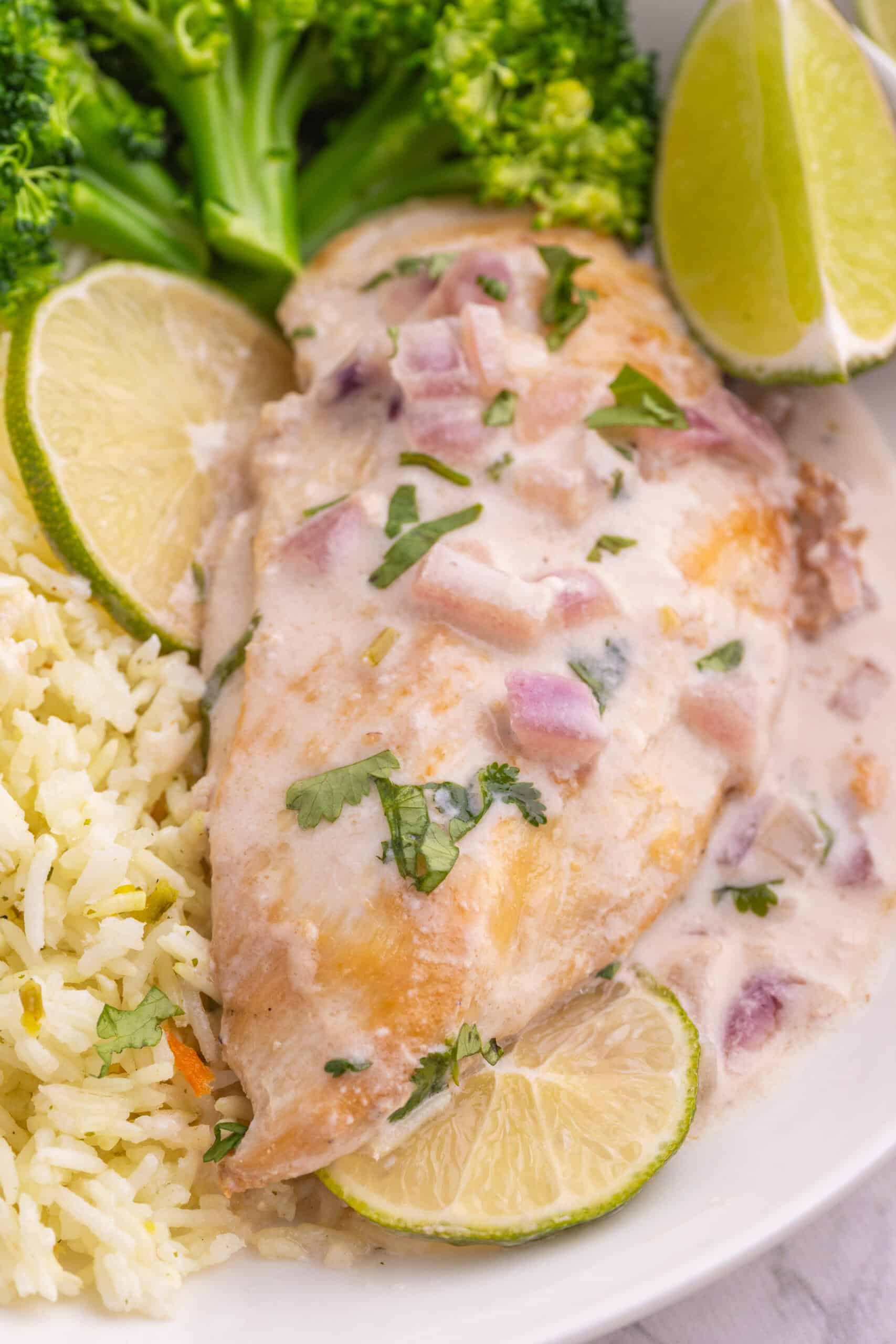 Close-up of coconut lime chicken with creamy sauce, lime, and cilantro.