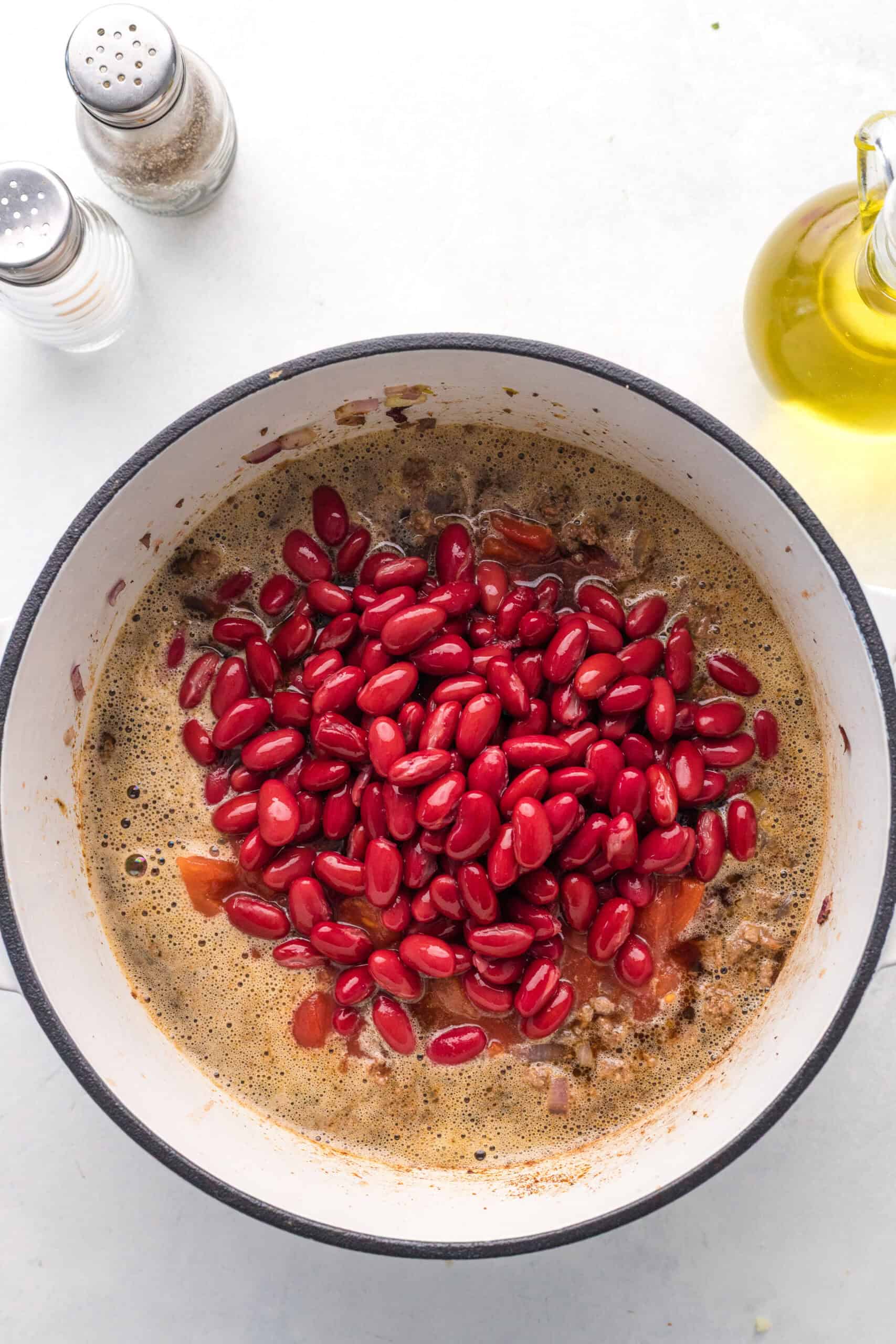 Kidney beans added to the Guinness chili pot.