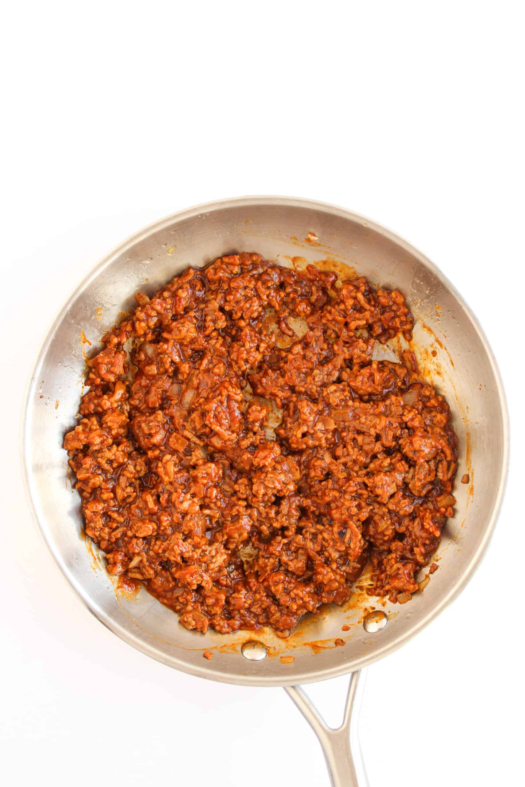 Thickened BBQ sloppy joe beef mixture in a skillet.