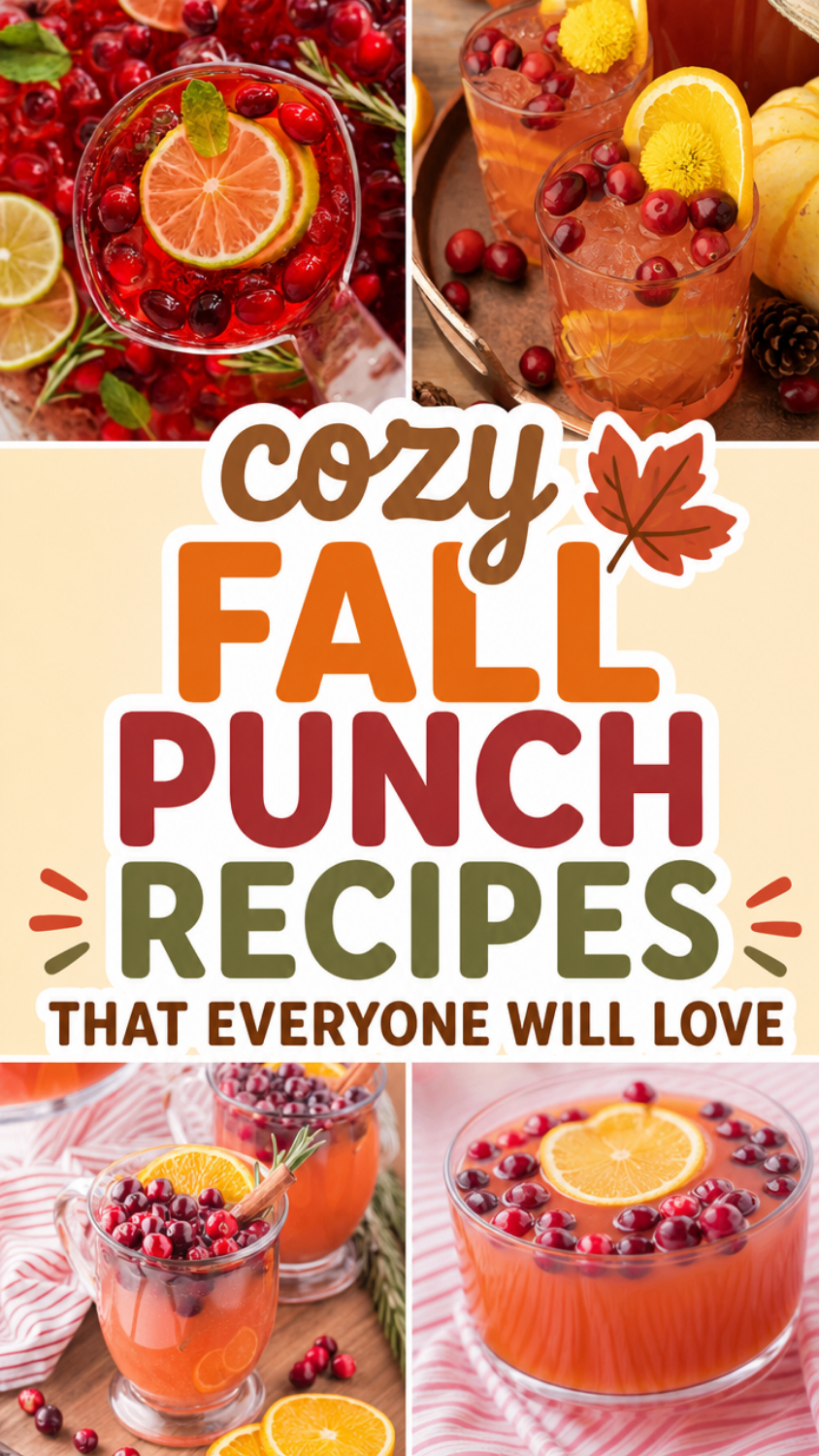 Collage of fall punch drinks garnished with orange slices, cranberries, and cinnamon sticks, with text: "Cozy Fall Punch Recipes Everyone Will Love—discover delicious new Fall Punch Recipes for your next gathering.