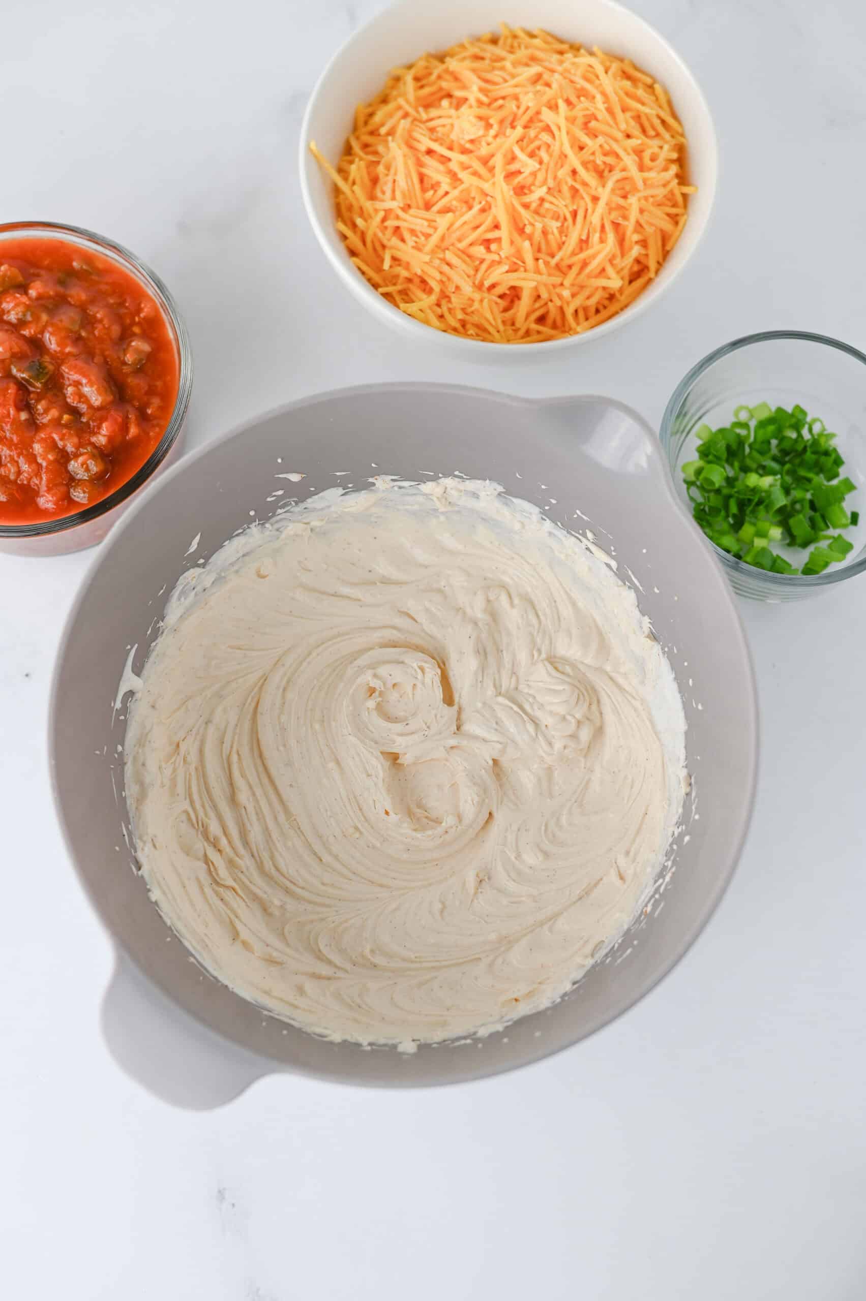 Greek yogurt, cream cheese, and taco seasoning mixed until smooth.