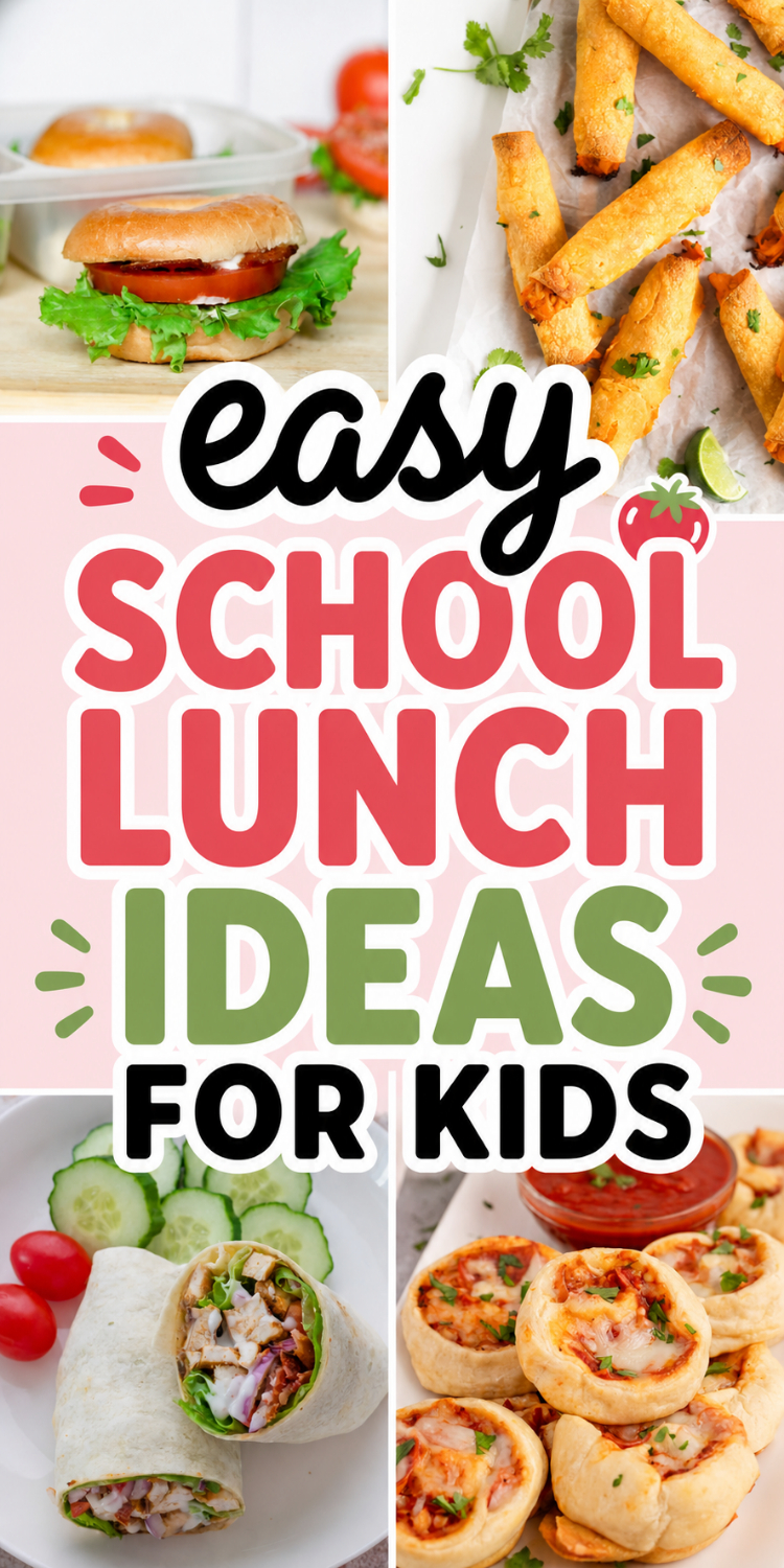 Collage of kid-friendly lunch foods including a sandwich, taquitos, a wrap with cucumbers, and mini pizzas, with the text "Easy School Lunch Ideas for Kids"—perfect inspiration for tasty kids lunch or creative school lunches.