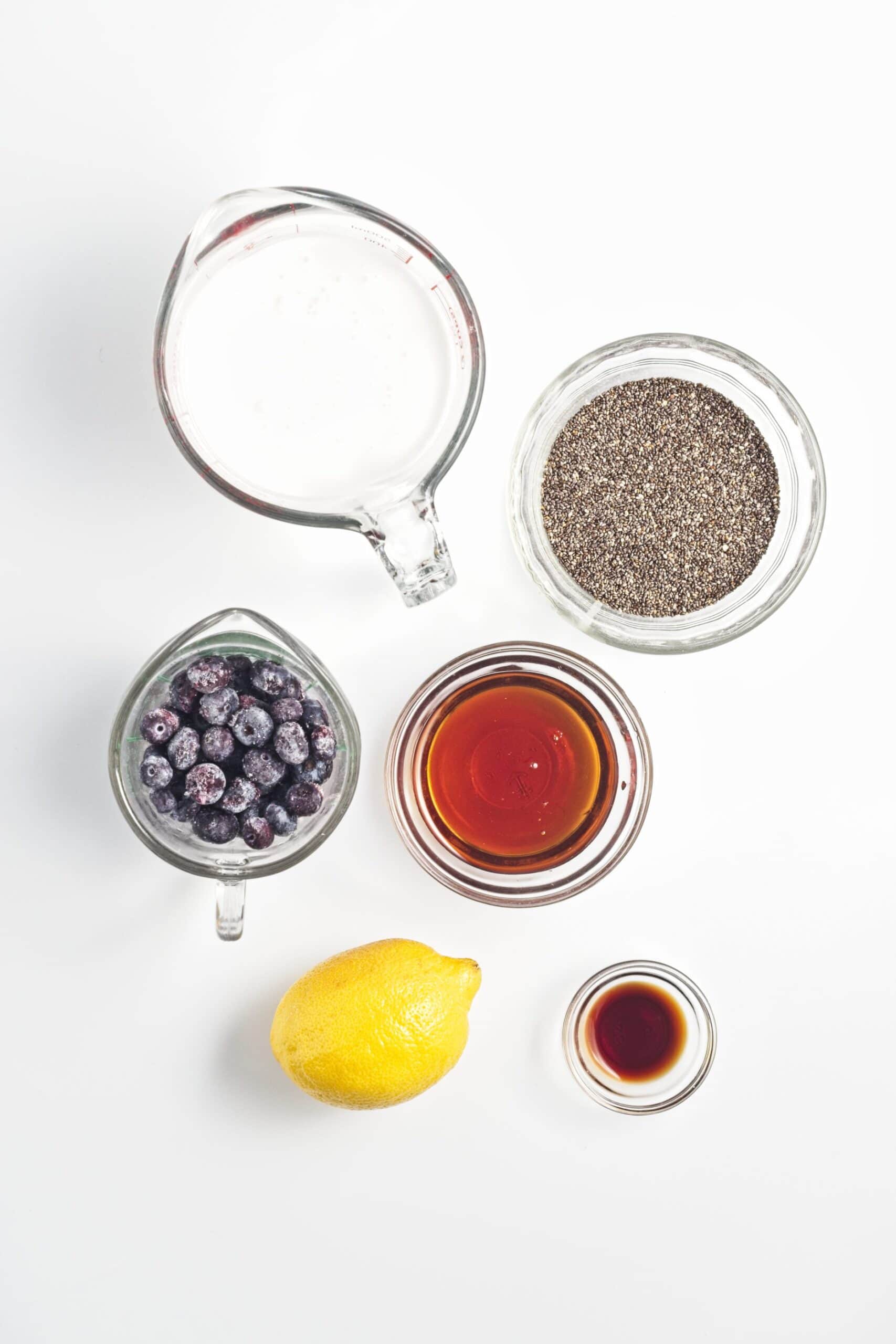 Coconut milk, chia seeds, blueberries, maple syrup, lemon, and vanilla for blueberry lemon chia pudding.