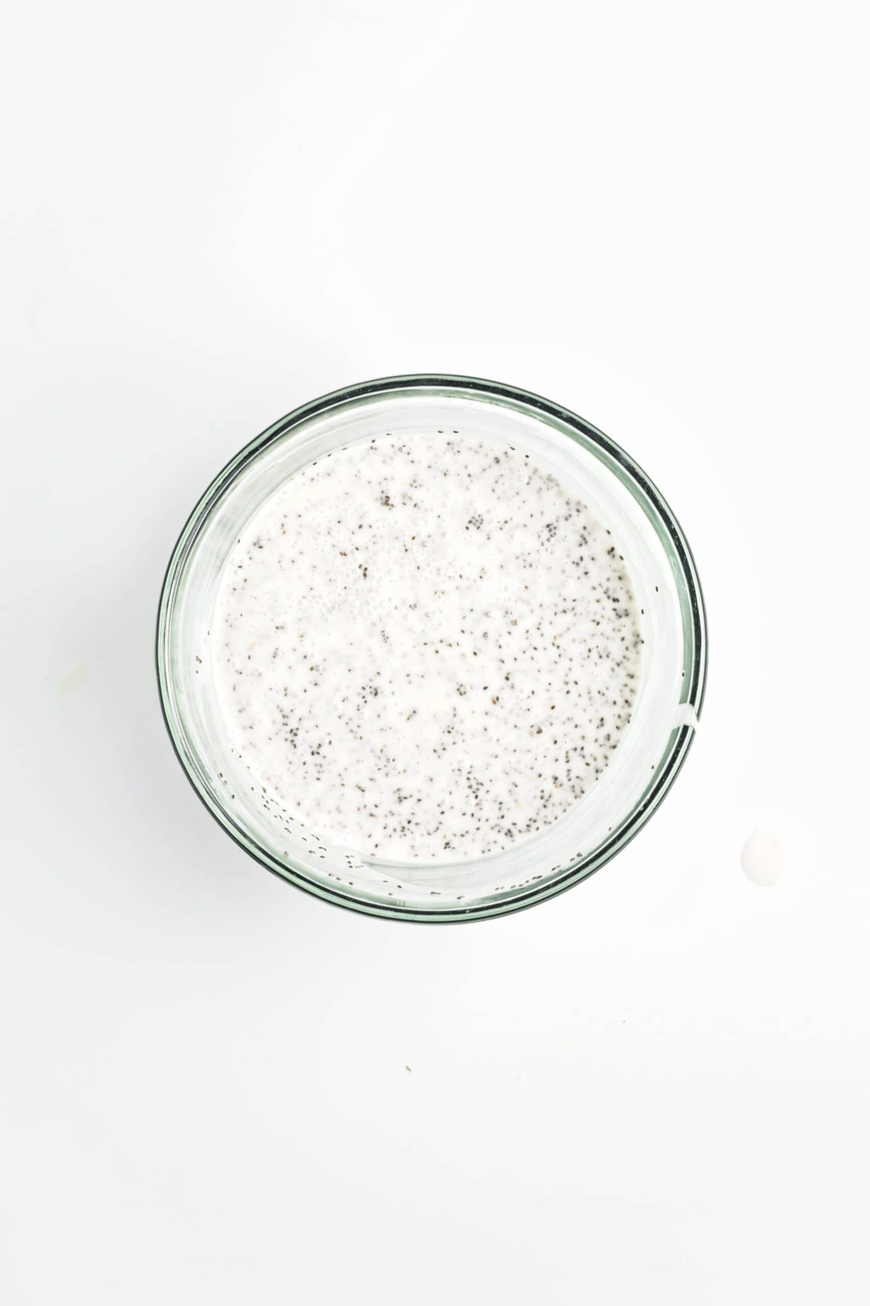 Chia seeds stirred evenly into the coconut milk mixture.