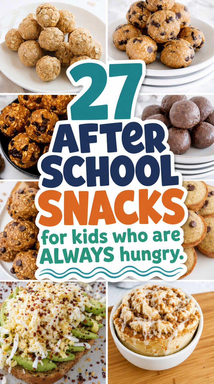 A collage of various homemade snacks, including muffins, energy balls, and avocado toast, with the text: "27 After School Snacks for kids who are ALWAYS hungry—packed with easy and delicious kids snacks that even picky eaters will love.