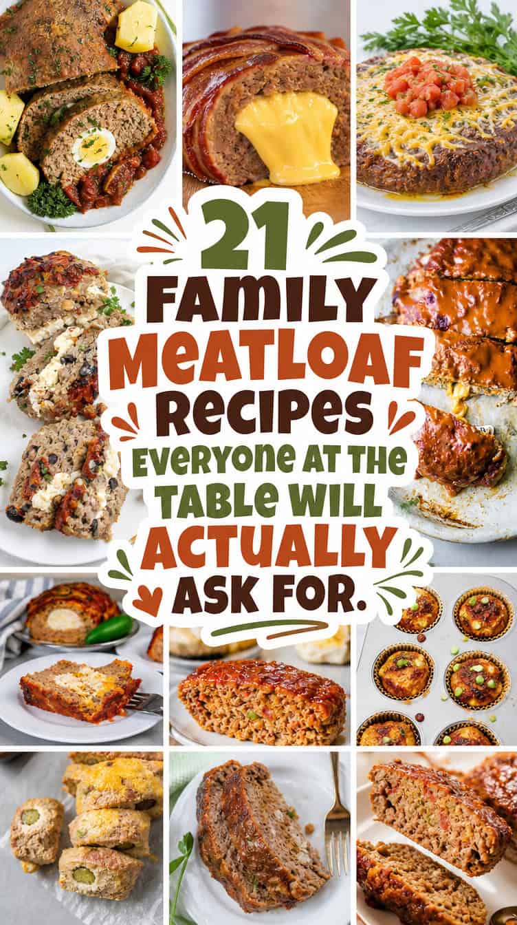 Collage of various creative meatloaf dishes with the text: "21 Family Meatloaf Recipes Everyone At The Table Will Actually Ask For.