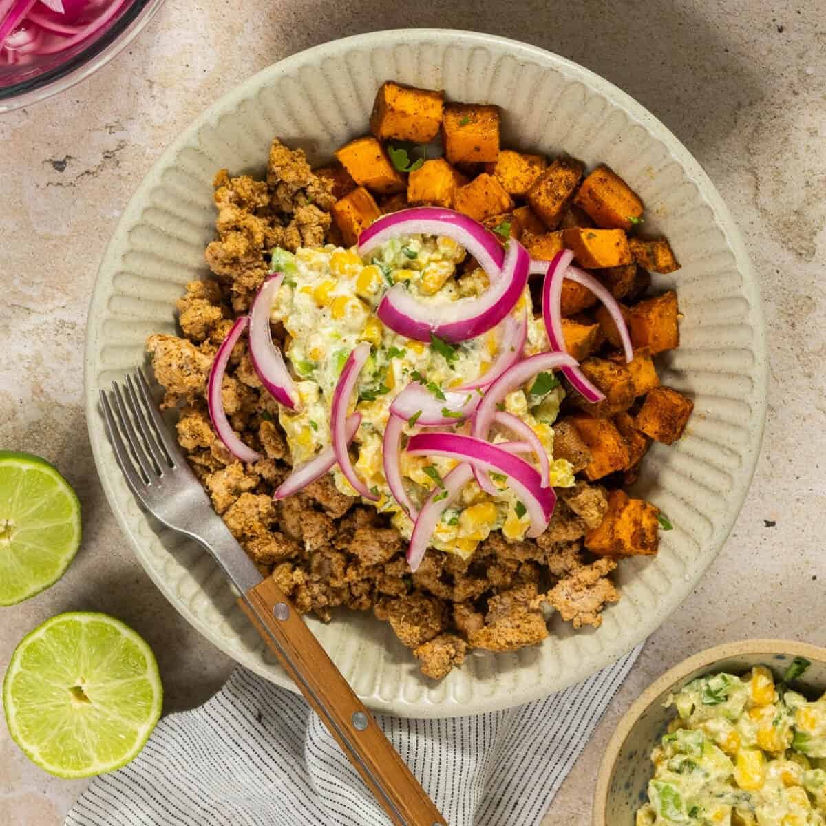 Street Corn Bowls with Ground Beef and Sweet Potatoes