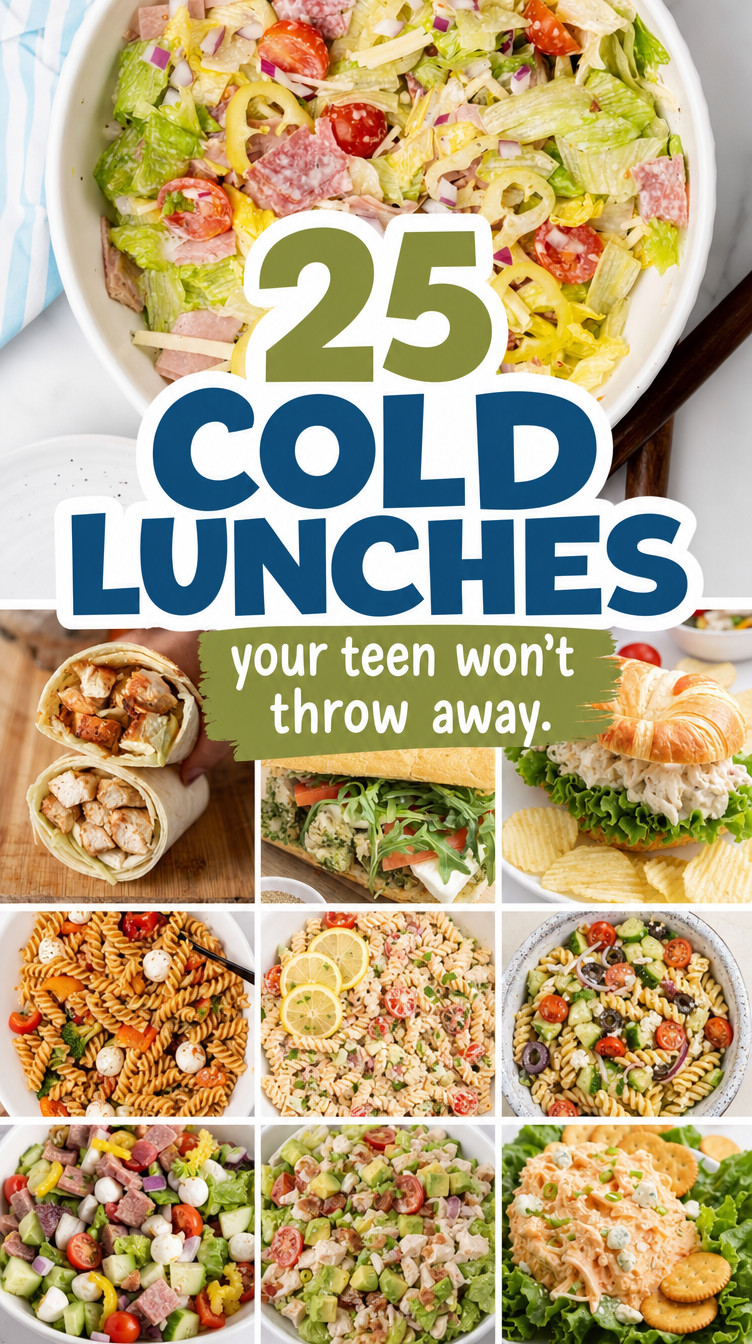 Collage of various salads, wraps, and pasta dishes with text: “25 cold lunches your teen won’t throw away.” Perfect for those searching for school lunch ideas or looking to upgrade high school lunch options with delicious lunch ideas for teens.