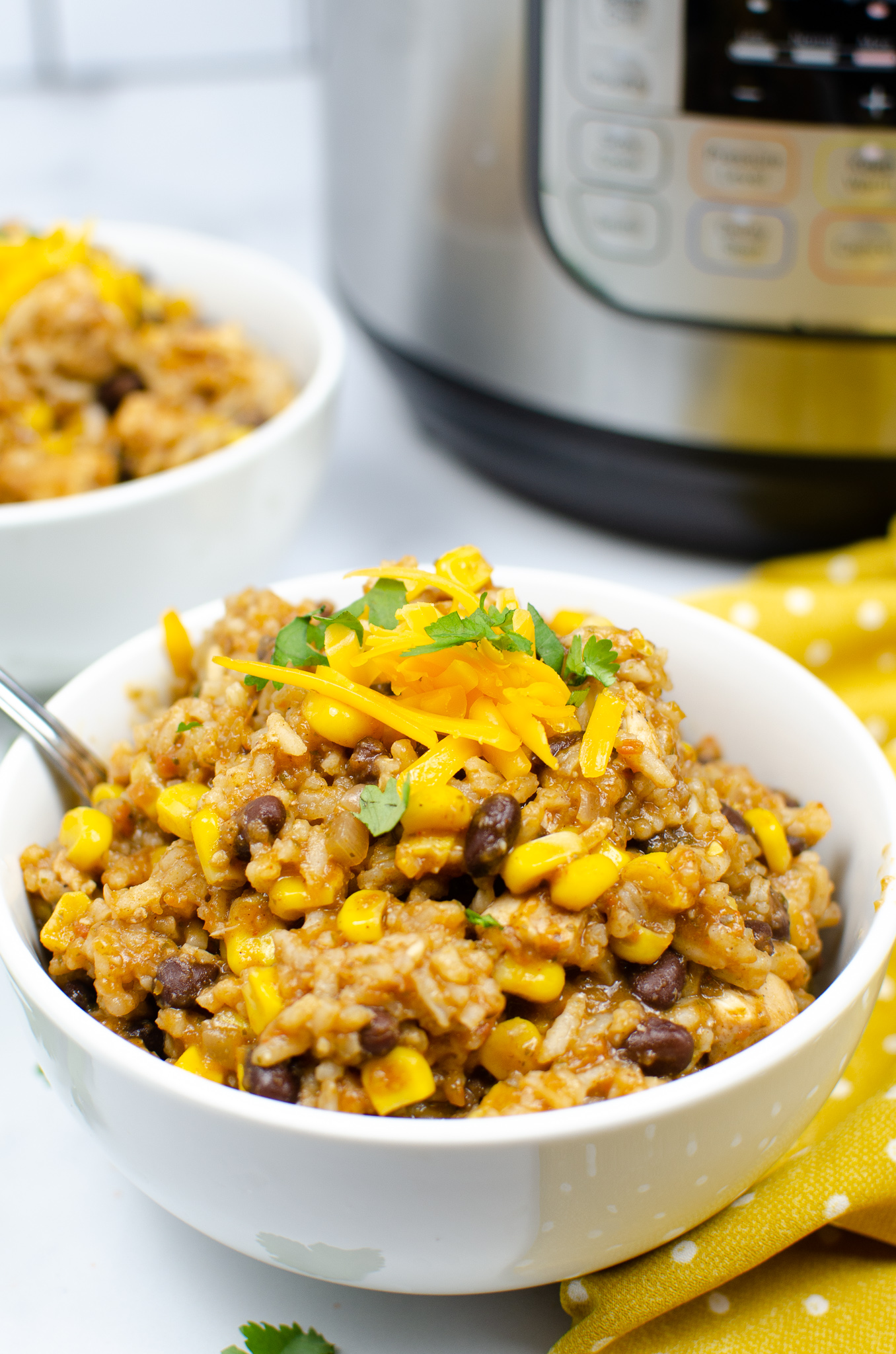 Instant Pot chicken burrito bowl with rice, chicken, black beans, corn, cheddar, and cilantro.