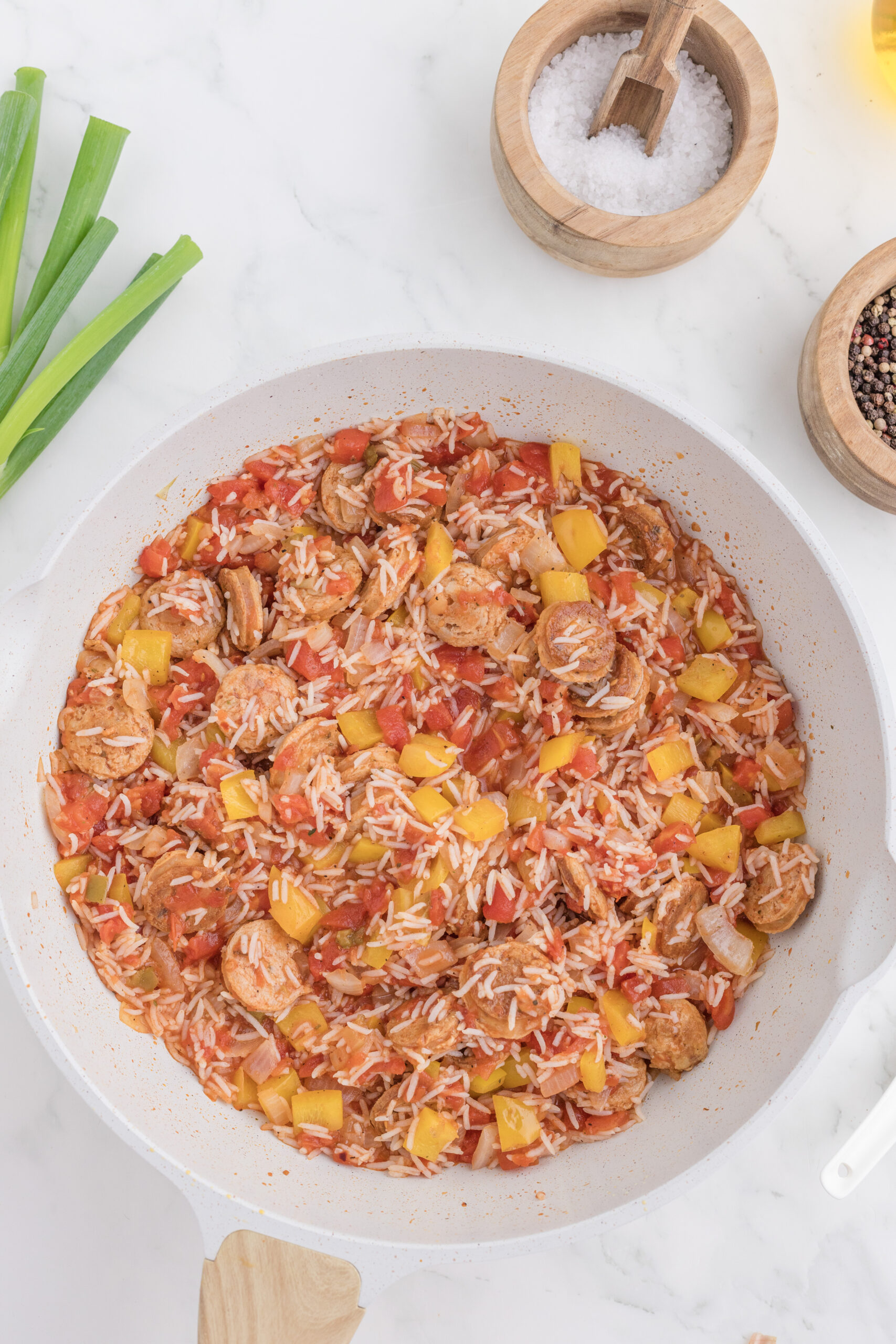 Cajun chicken sausage, rice, tomatoes, onion, and bell pepper simmered together.