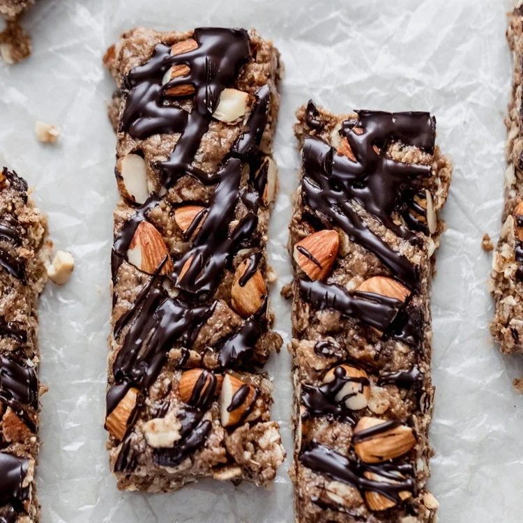 Three granola bars with chopped almonds and a drizzle of dark chocolate are arranged on crinkled parchment paper, making them perfect after school snacks.