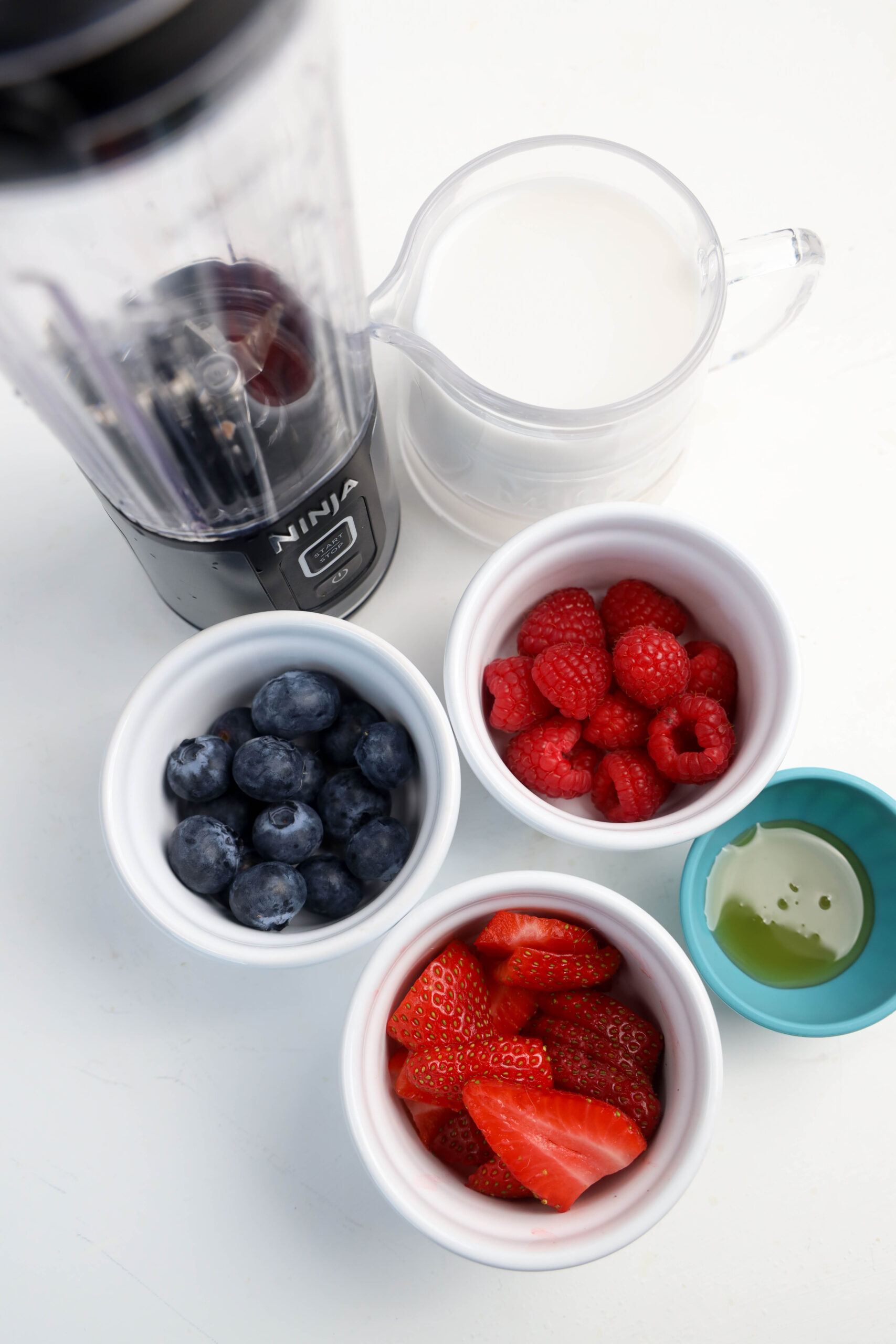 Blueberries, raspberries, sliced strawberries, milk, honey, and a personal blender.