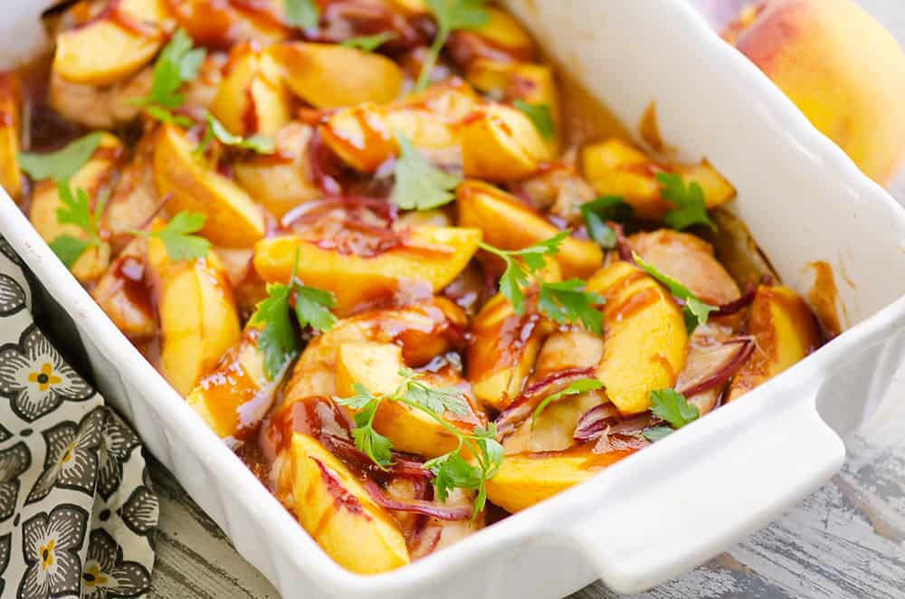 Roasted Peach BBQ Chicken Bake