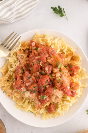 Slow cooker chicken paprikash served over egg noodles with parsley.