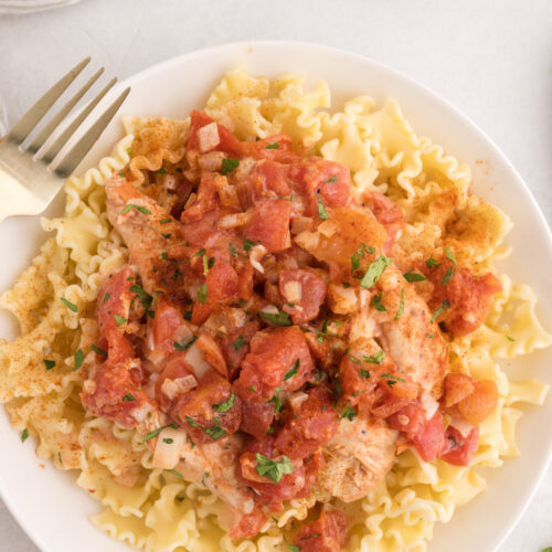 Slow cooker chicken paprikash served over egg noodles with parsley.