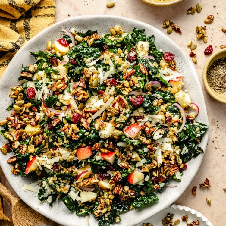 Kale salad with chopped apples, pecans, cranberries, pumpkin seeds, and shaved cheese on a plate, perfect as a healthy thanksgiving side dish.