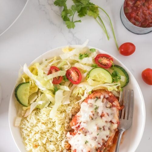 cheesy crockpot salsa chicken served with rice and salad
