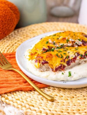 Cranberry cream cheese chicken bake served over mashed potatoes.