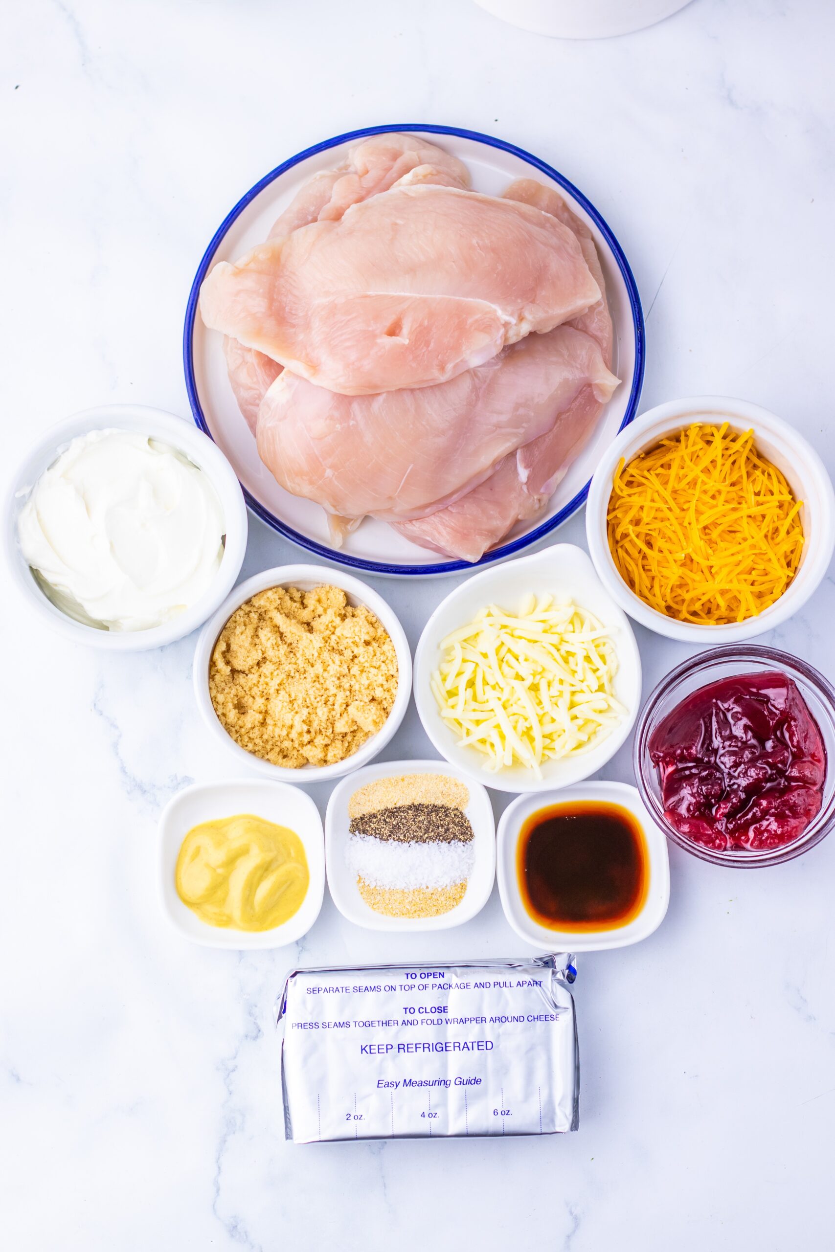 Ingredients for cranberry cream cheese chicken bake.