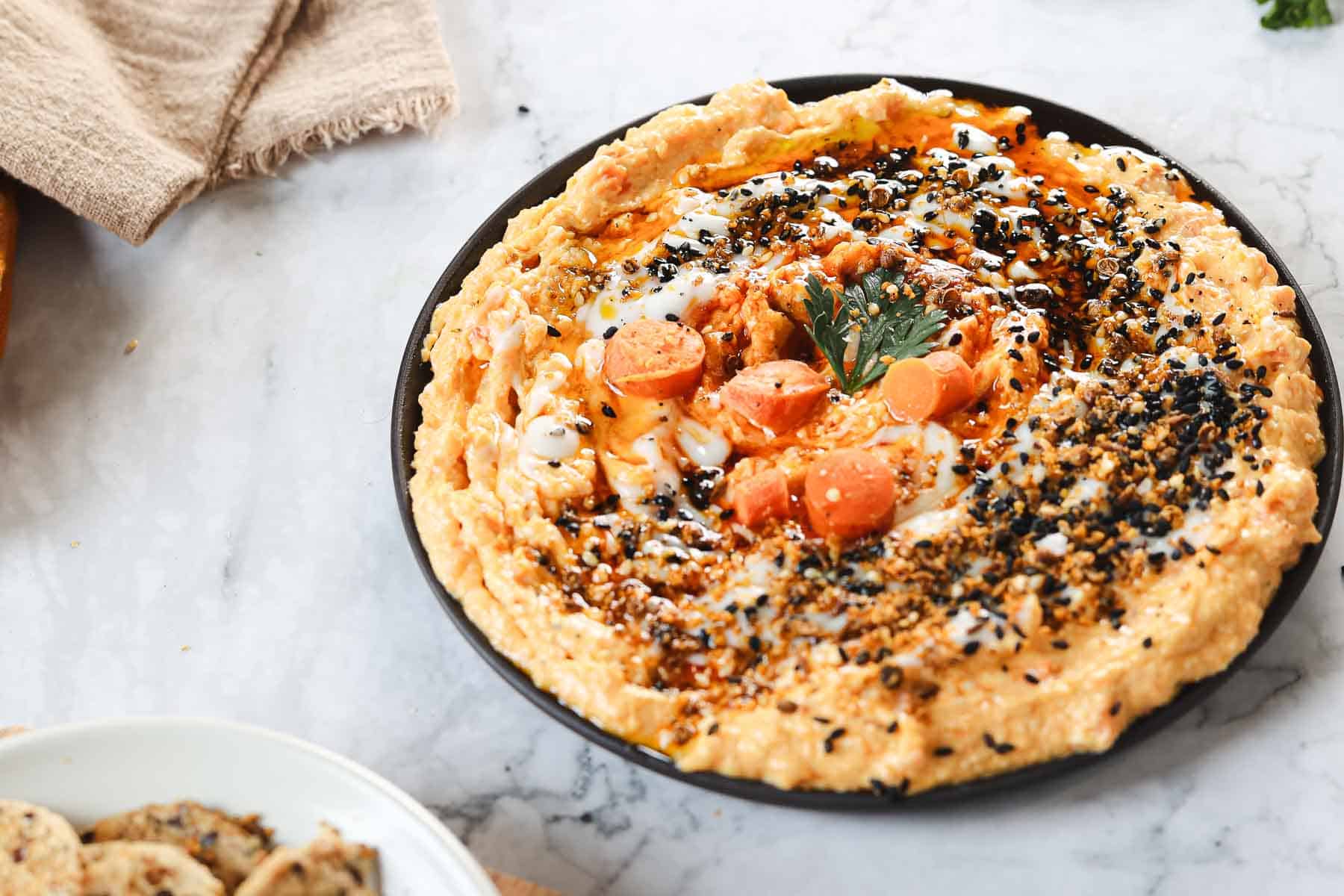 Roasted Carrot Dip with Whipped Feta, Dukkah and Honey