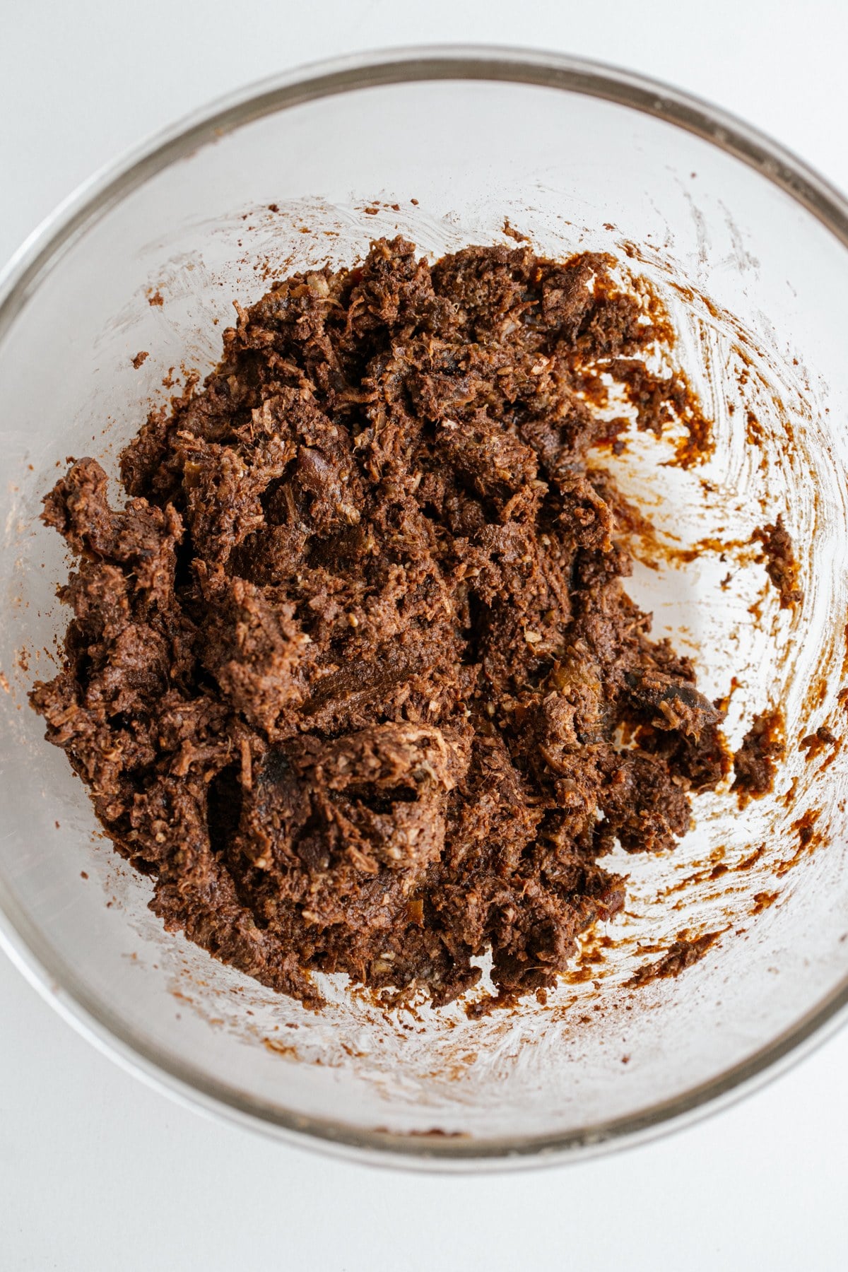 Sticky brownie dough after processing.