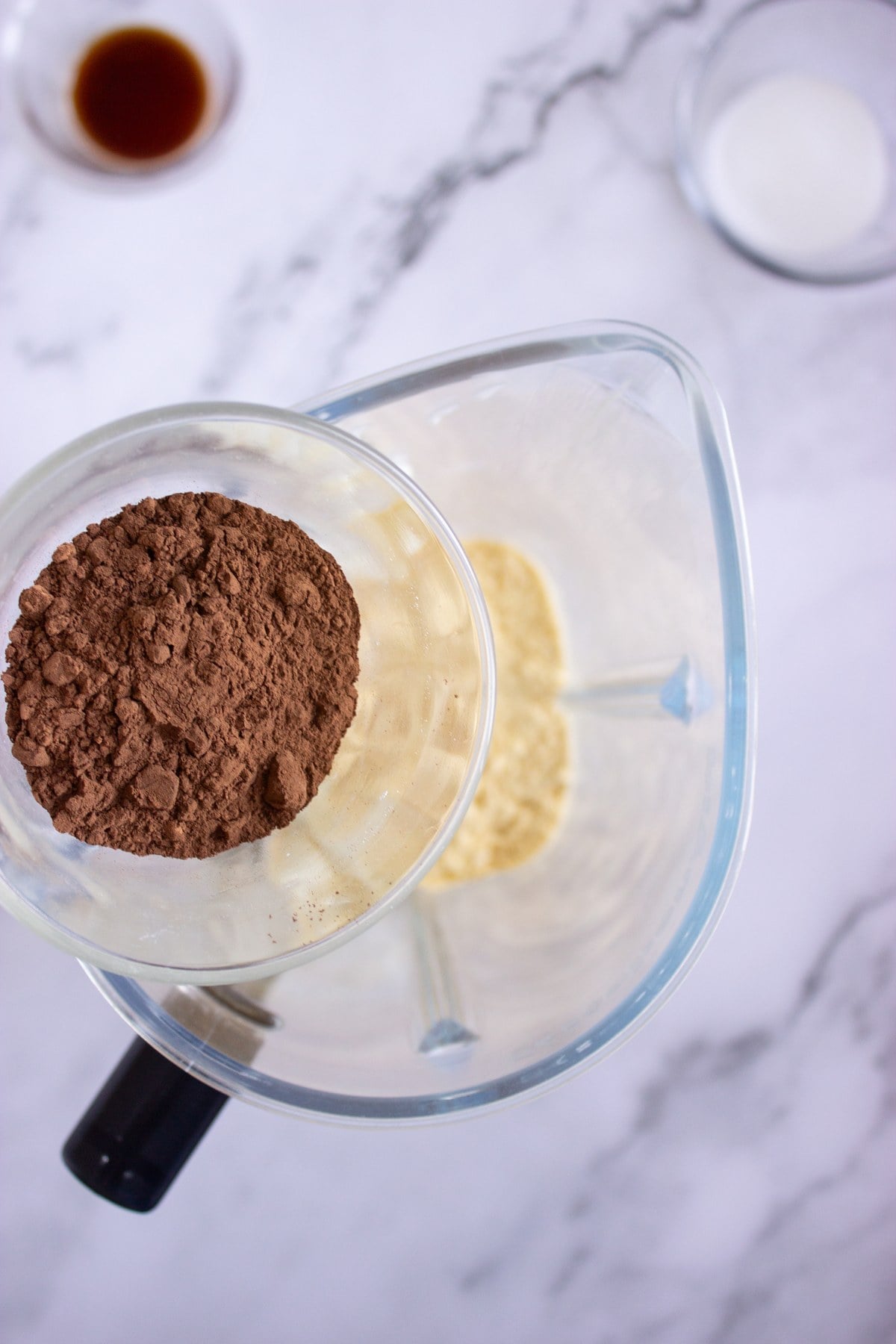 Cocoa powder added to the blender.