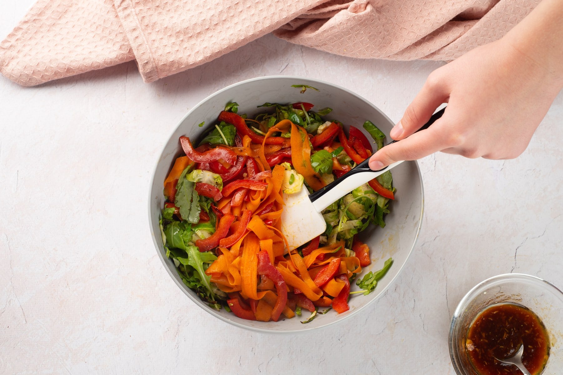 Warm vegetables tossed with arugula.